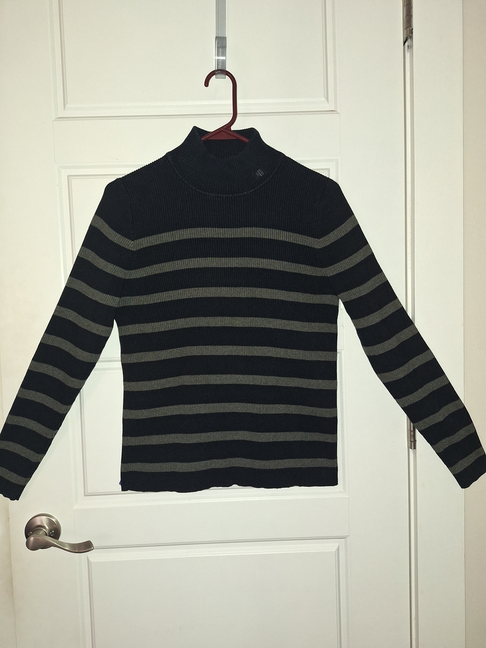 Lauren Ralph Lauren Black and Gray Striped Mock Turtleneck Sweater